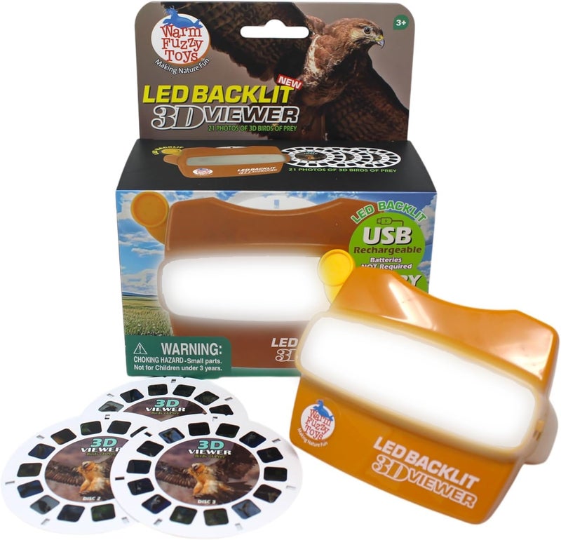 WARM FUZZY Toys LED Backlit 3D Viewer – (Birds Prey) – New 2025 USB-C Rechargeable Viewer for Kids & Adults Includes 3 Reels with 21 HD 3D Images – Patent-Pending Retro Toy, No Light Source Needed - Image 1